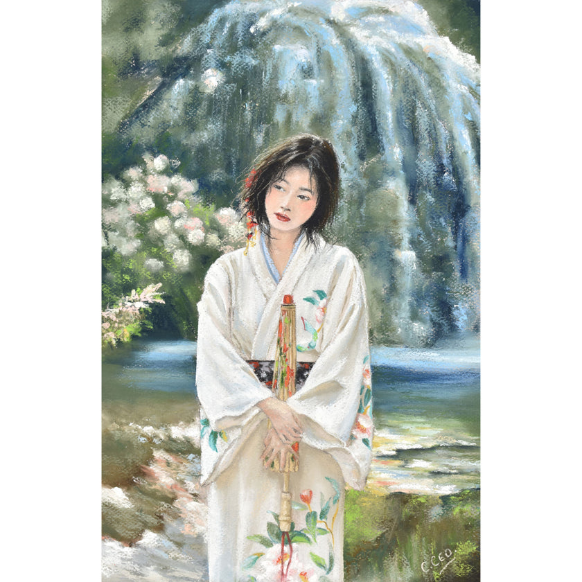 Beautiful young geisha wearing a white Kimono, painting created in soft pastels