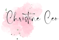 'Christine Ceo' with pink watercolour background