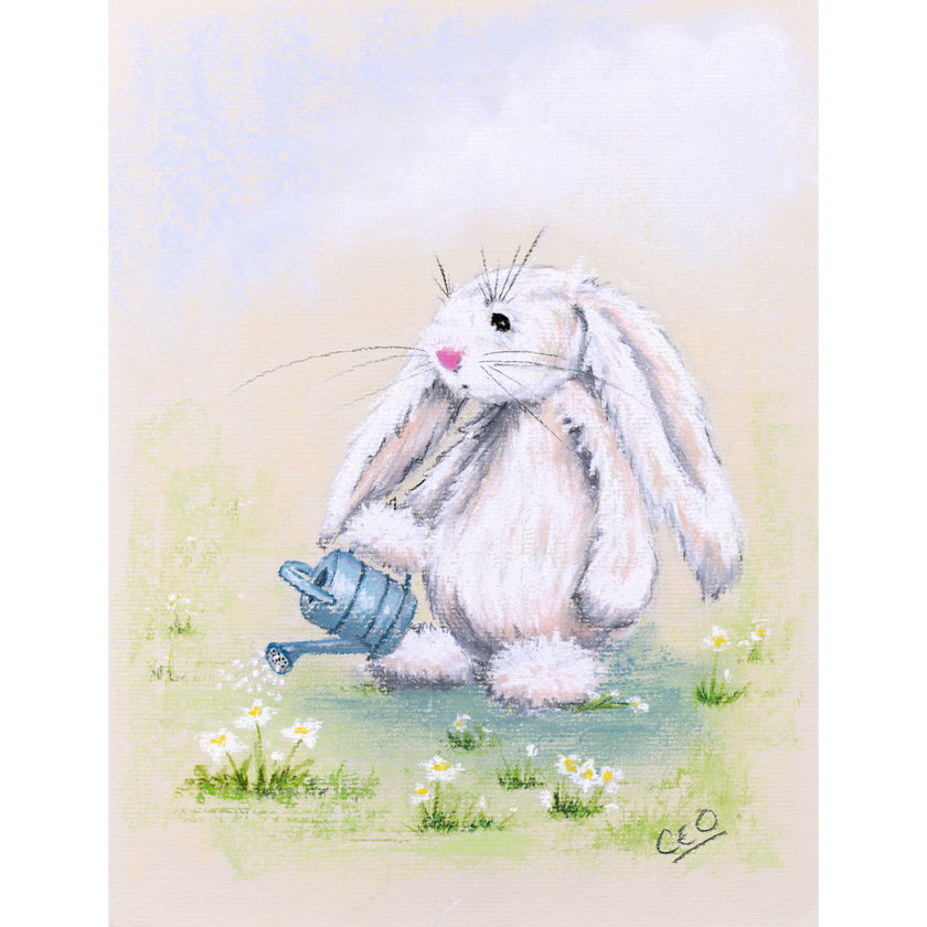 Adorable rabbit watering the flowers with a little blue watering can, painting created in soft pastels