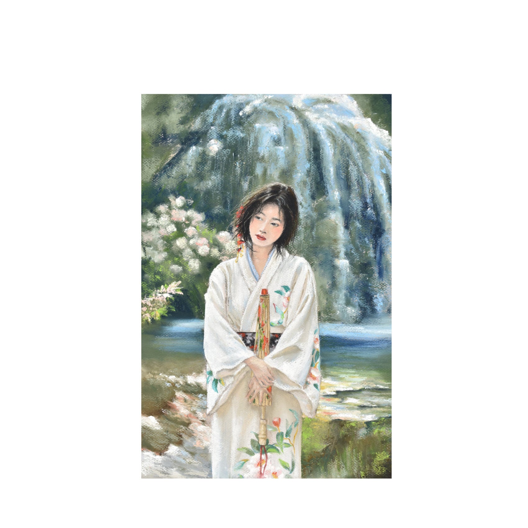 Beautiful Geisha wearing a white embroidered Kimono, painting