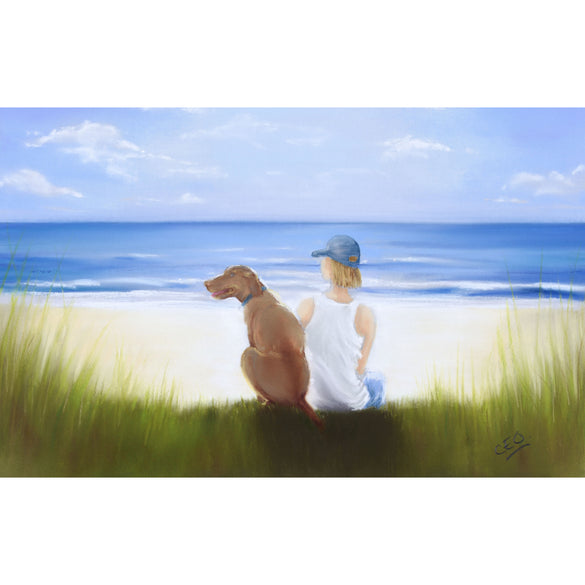 A Boy and his Dog sitting overlooking the beach, art collection