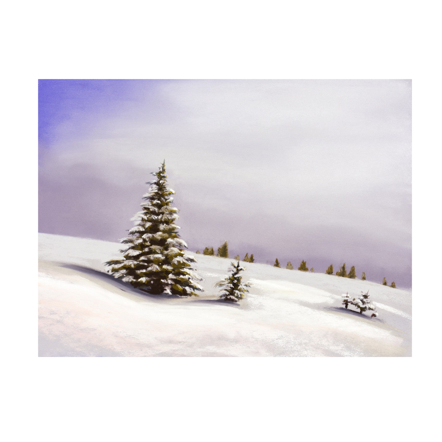 Winter landscape painting with little fir trees covered in snoq
