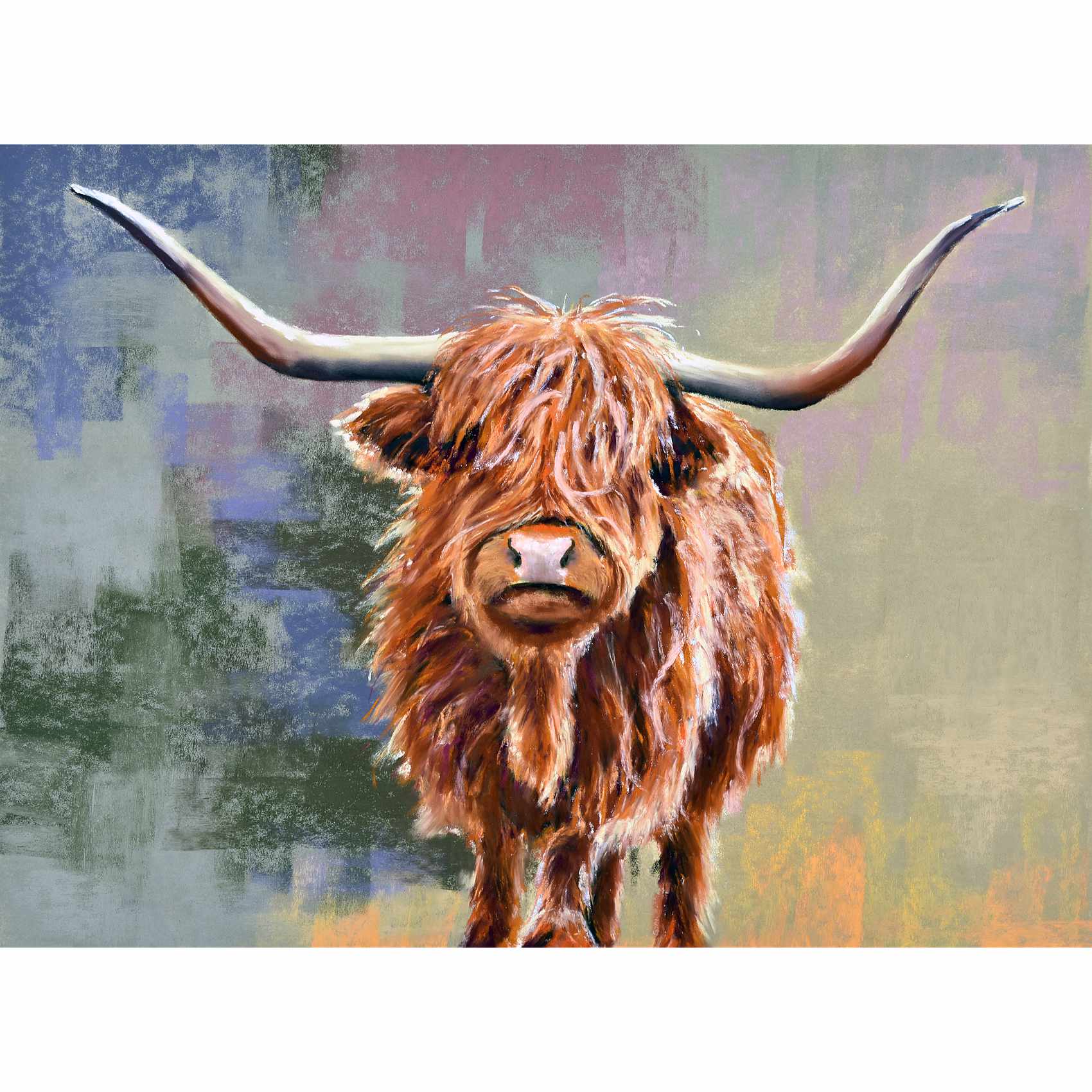 Colourful Highland Cow painting, created in soft pastels