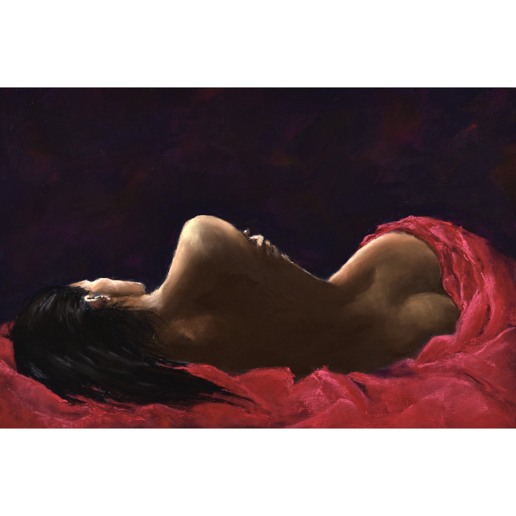 Beautiful semi nude woman draped in red velvet, art print