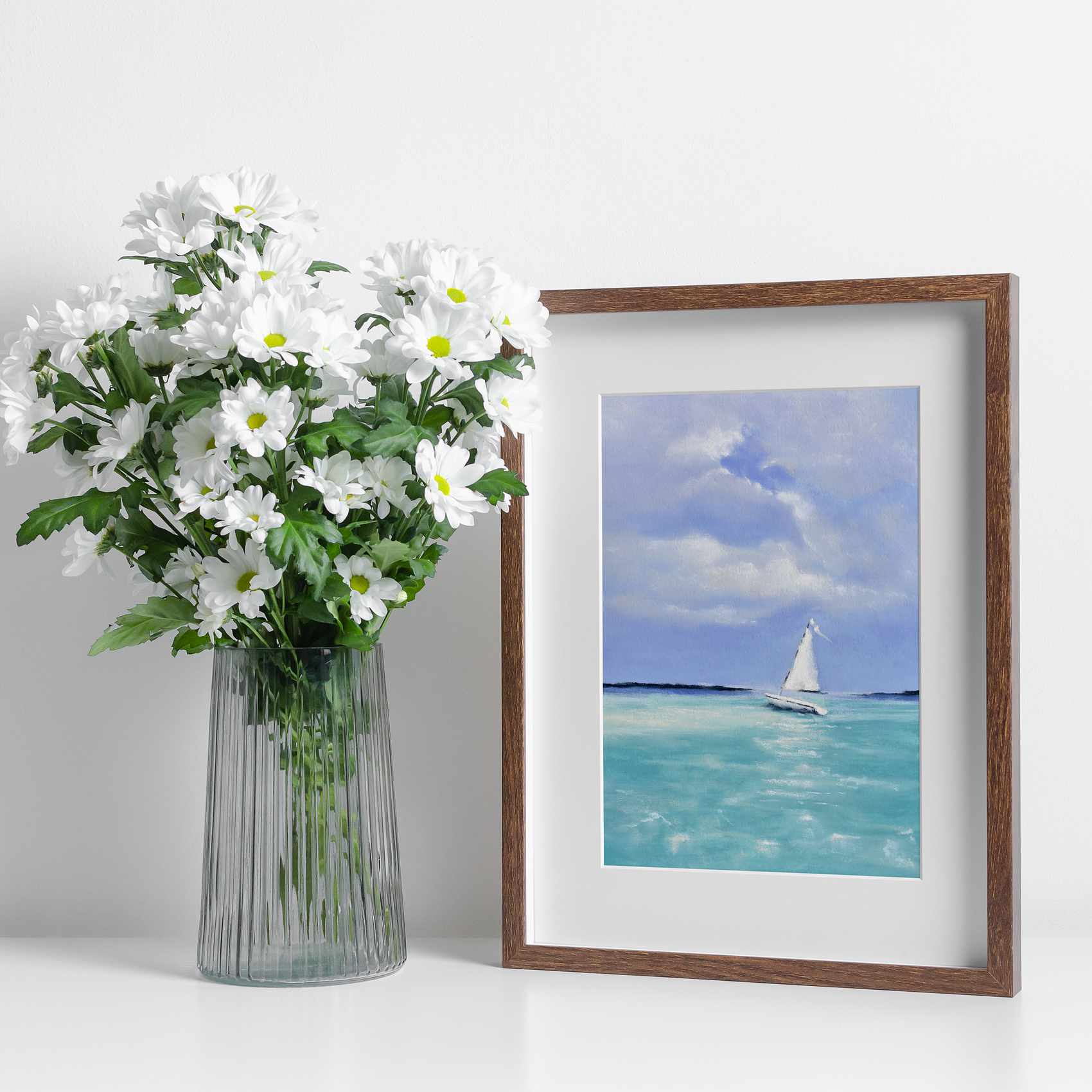 White Sailboat framed fine art print in elegant wooden frame