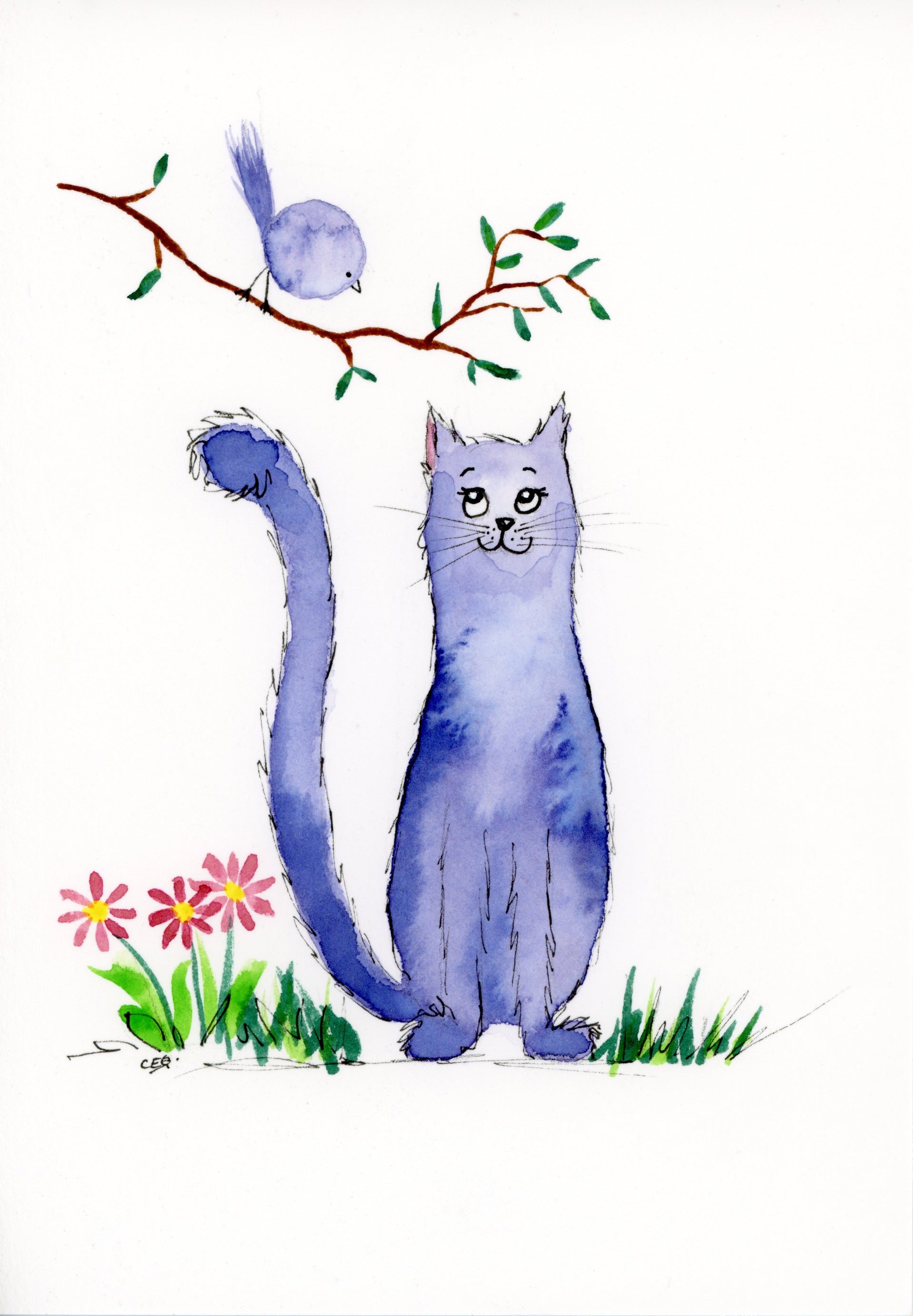 Watercolour painting of a whimsical purple feline sat looking at a little bird in a tree