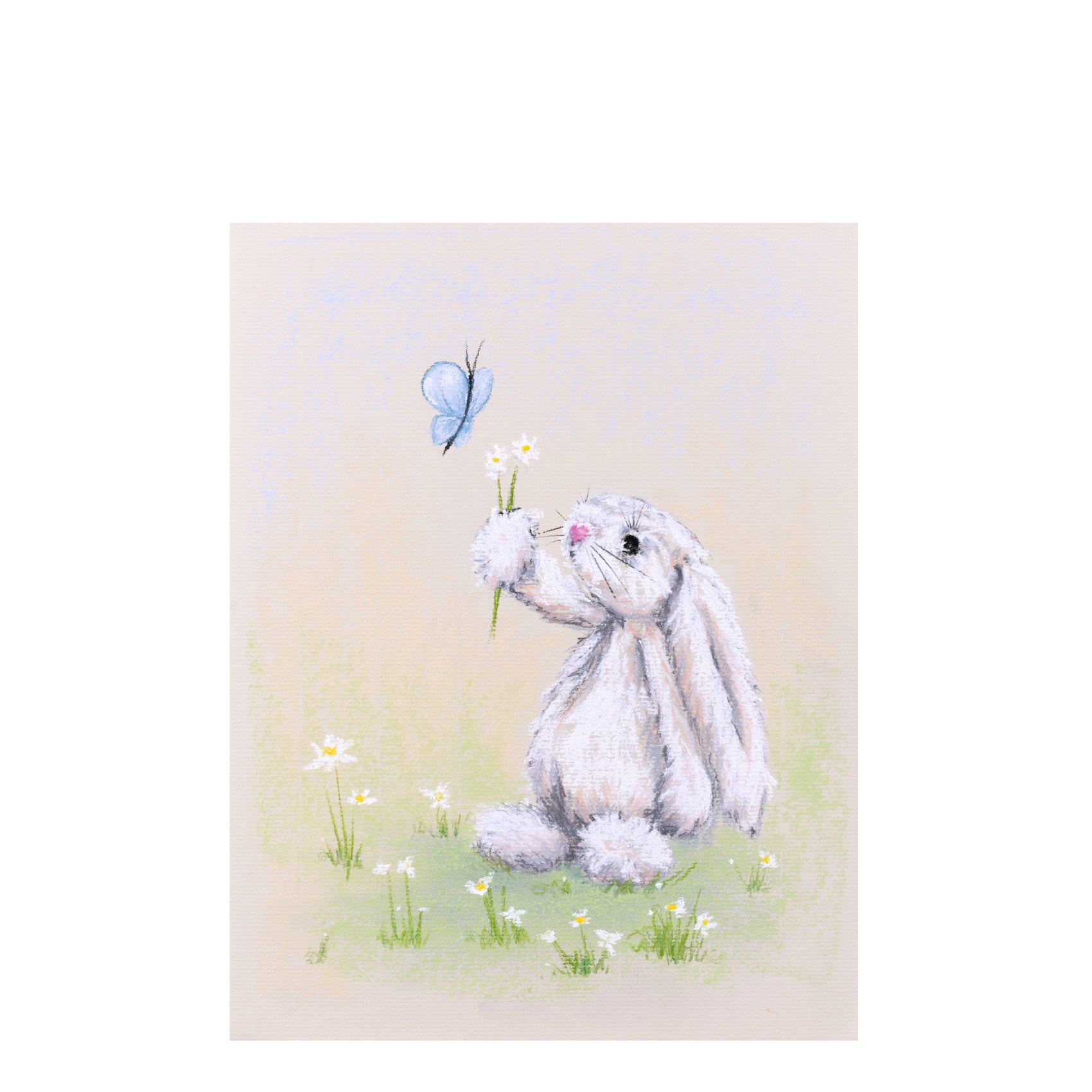 Adorable white rabbit offering a blue butterfly a bouquet of daisy flowers, art