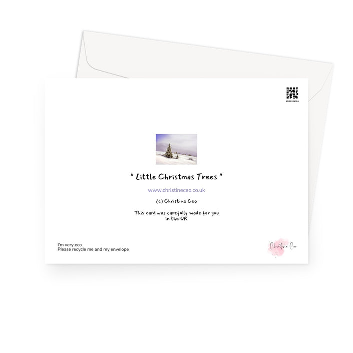 Greeting card with a snowy landscape and trees. Back view of card