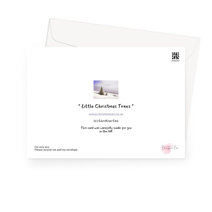 Greeting card with a snowy landscape and trees. Back view of card