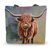 Tote bag with a highland cow design on a multi coloured background