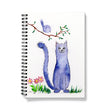 Whimsical purple feline looking at a bird in a tree, watercolour artwork on spiral bound notebook cover