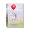 Notebook with a cartoon bunny holding a red balloon on the cover