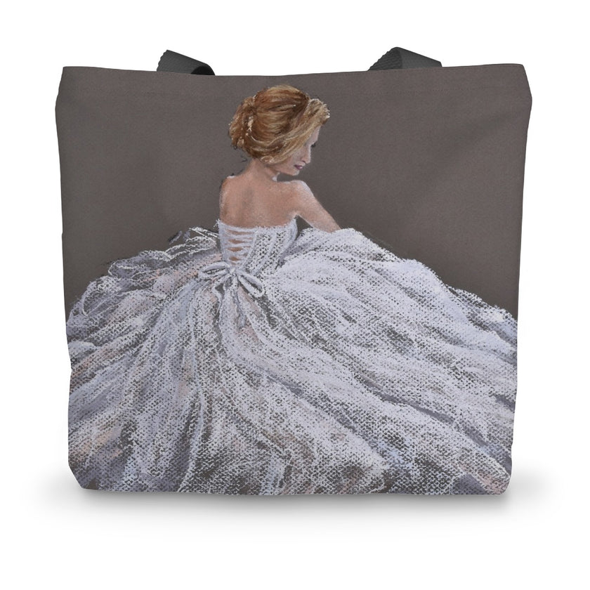 Tote bag with a design of a woman in a lace dress on a gray background