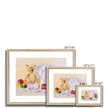 Teddy bear and rabbit sit surrounded by silken ribbon and baubles. Fine art prints in natural wooden frame. Different sizes