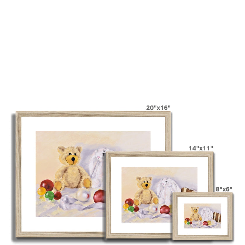 Teddy bear and rabbit sit surrounded by silken ribbon and baubles. Fine art prints in natural wooden frame. Different sizes
