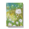 Notebook cover with a painting of dandelions on a green and yellow background. front cover