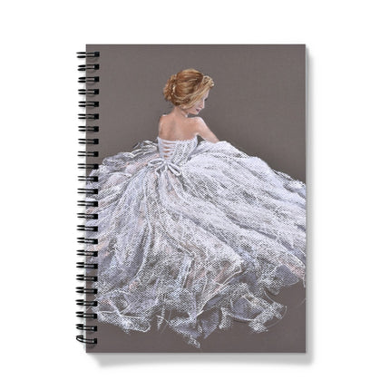 Notebook with a design of a woman in a white dress on a gray background