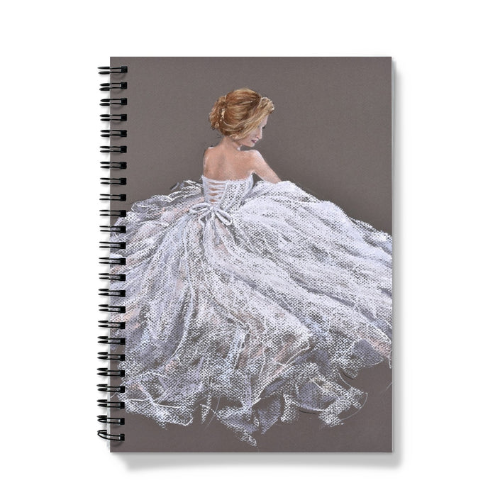 Notebook with a design of a woman in a white dress on a gray background