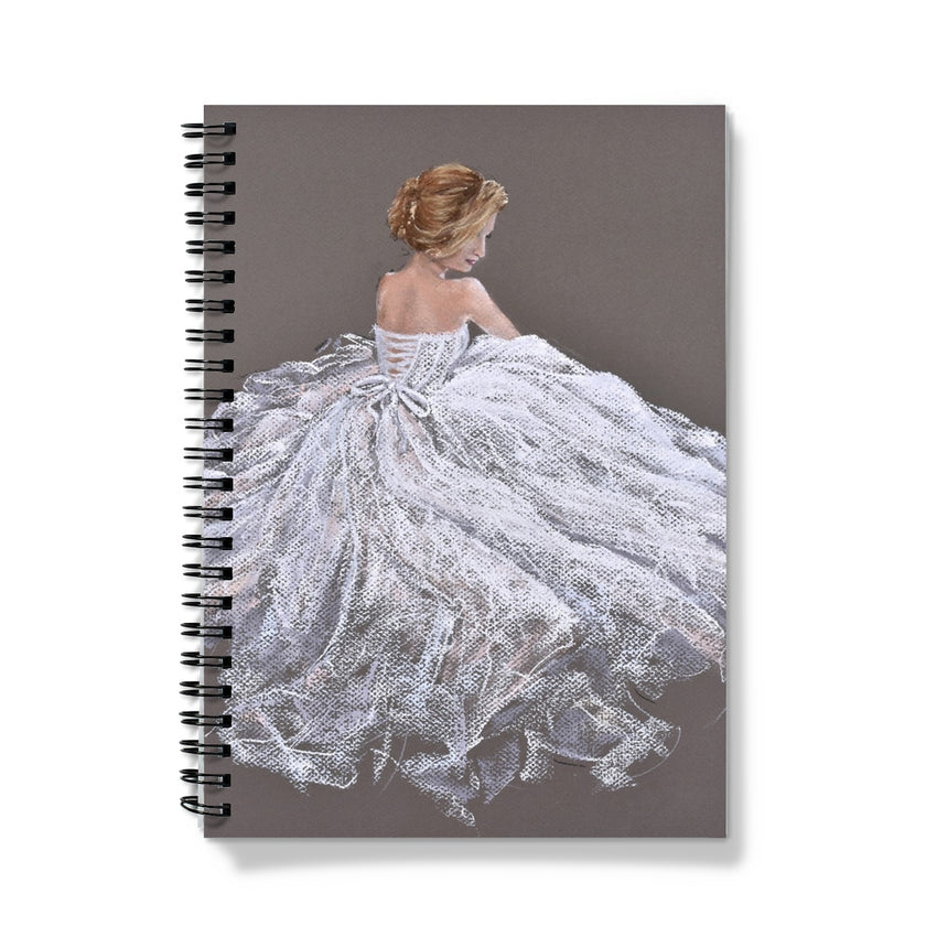Notebook with a design of a woman in a white dress on a gray background
