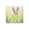 Brown rabbit peeking over the meadow flowers artwork design, square drinks coasters