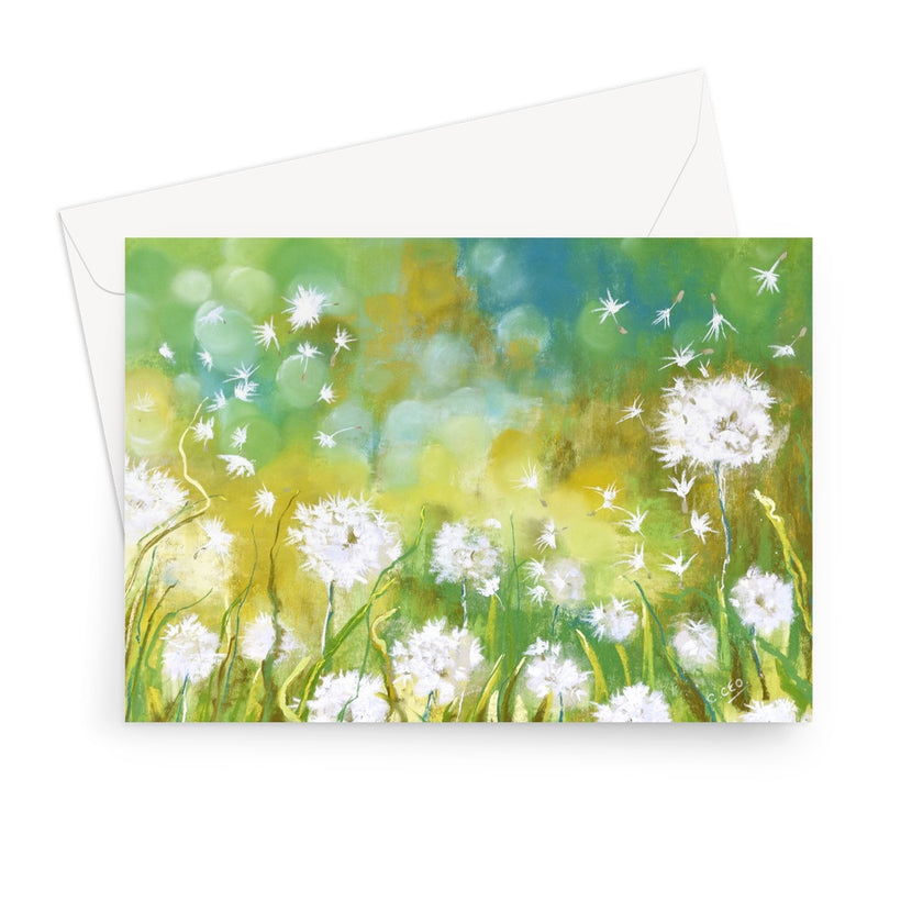 Greeting card with a delicate painting of white fluffy dandelion seed heads on a bokeh background
