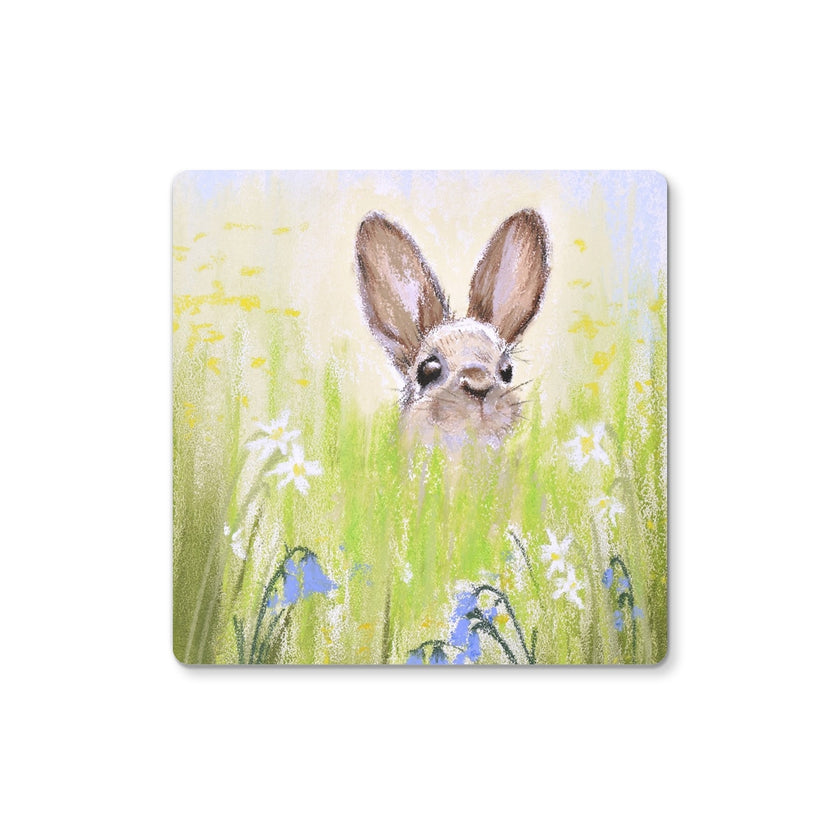 Brown rabbit peeking over the meadow flowers artwork design, square drinks coasters