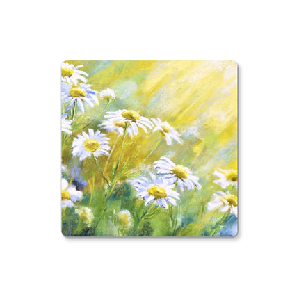 Daisy flowers artwork designed square drinks coaster. Yellow and white.