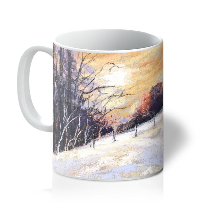 Snowy winter sunset art coffee mug