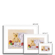 Teddy bear and rabbit sit surrounded by silken ribbon and baubles. Fine art prints in white frame. Different sizes