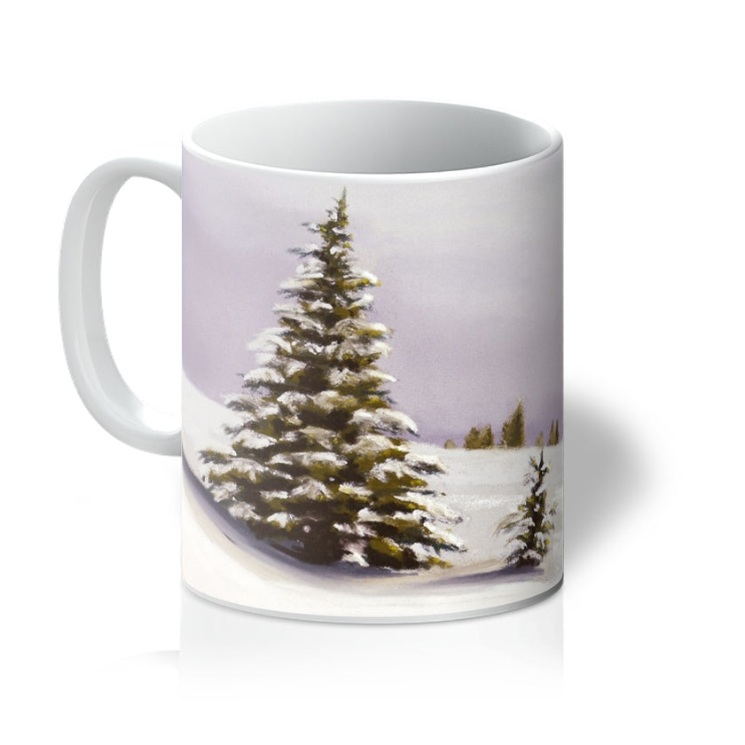 Snow covered trees and winter landscape, art coffee mug
