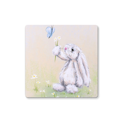 White rabbit, daisy flowers and butterfly, square art drinks coaster