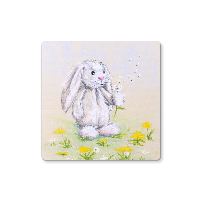 Long eared rabbit with dandelion seed head, artwork design square drinks coaster