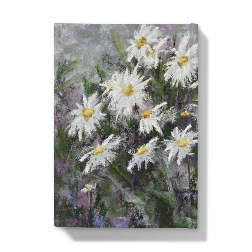 Notebook cover with a painting of white daisies and colourful background. back cover