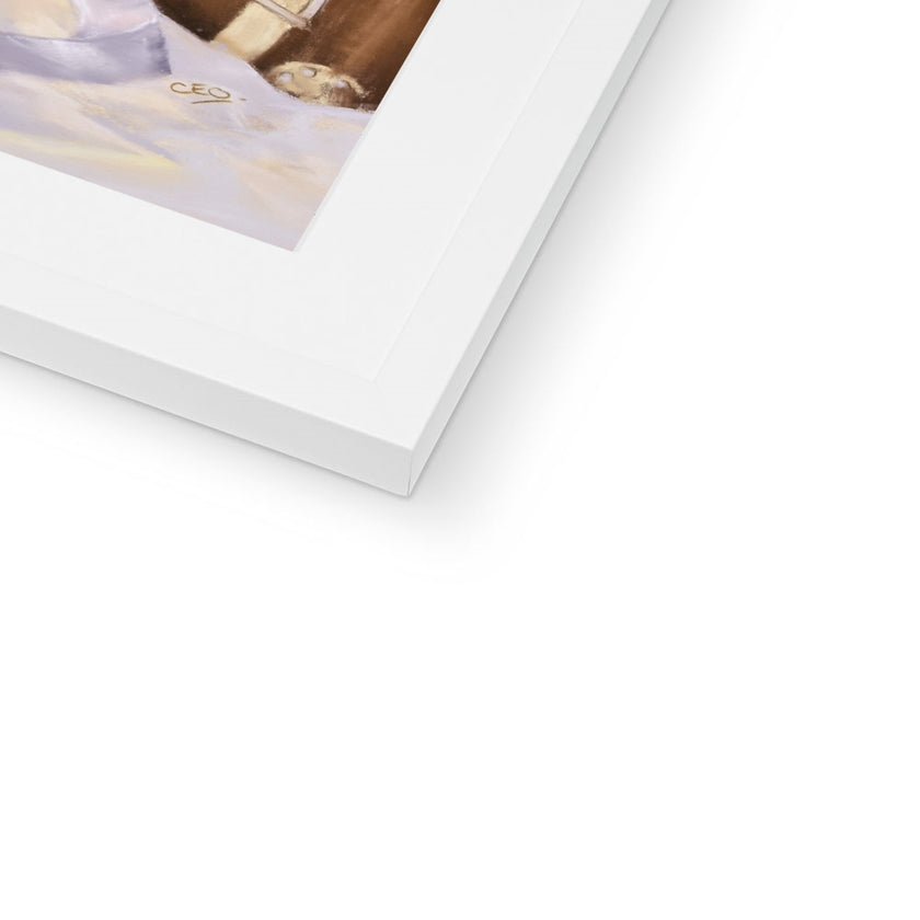 Teddy Bears at Christmas, art print in white frame. Close up of bottom corner and white frame