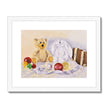 Teddy bear and rabbit sit surrounded by silken ribbon and baubles. Fine art print in white frame