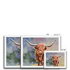 Colourful Scottish Highland Cow painting, art prints in a white frame. Different sizes