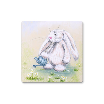 White rabbit, watering can and daisy flowers square art drinks coaster