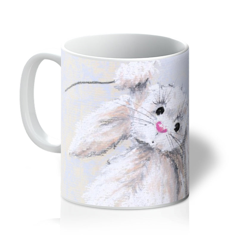 White rabbit art mug. Blue and white coffee mug