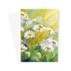 Greeting card with a painting of daisies and sunbeams. Portrait orientation