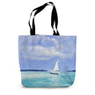 Tote bag with a white sailboat artwork design 