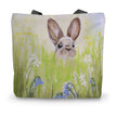Tote bag with a rabbit in a field of flowers design