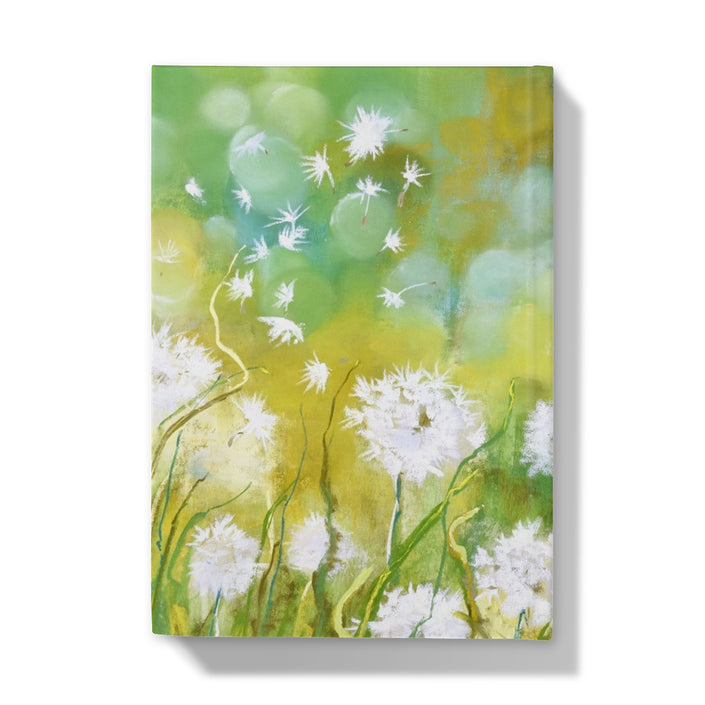 Notebook cover with a painting of dandelions on a green and yellow background. Back cover