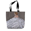 Tote bag with a design of a woman in a white dress on a gray background