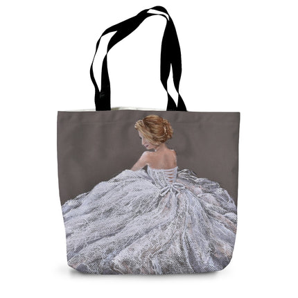 Tote bag with a design of a woman in a white dress on a gray background