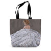 Tote bag with a design of a woman in a white dress on a gray background