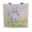 Tote bag with a rabbit and dandelion seed design 