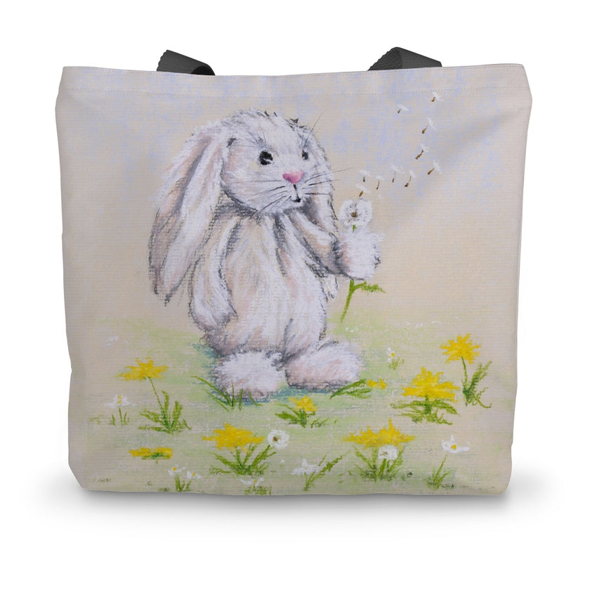 Tote bag with a rabbit and dandelion seed design 