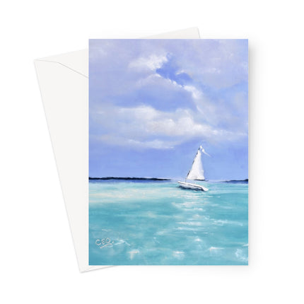 Greeting card with White Sailboat on turquoise water with a blue sky