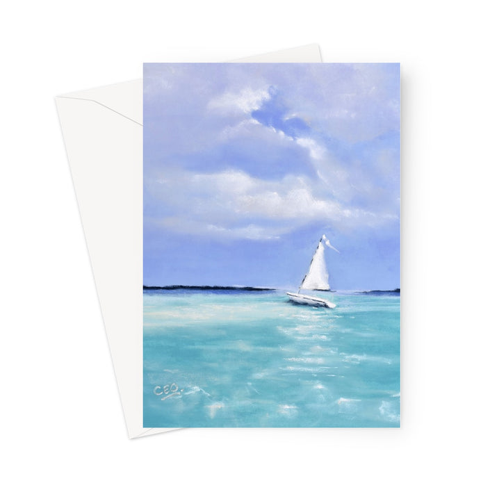 Greeting card with White Sailboat on turquoise water with a blue sky
