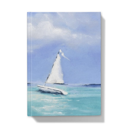 Sailboat on a blue sea with white clouds in the sky. front cover